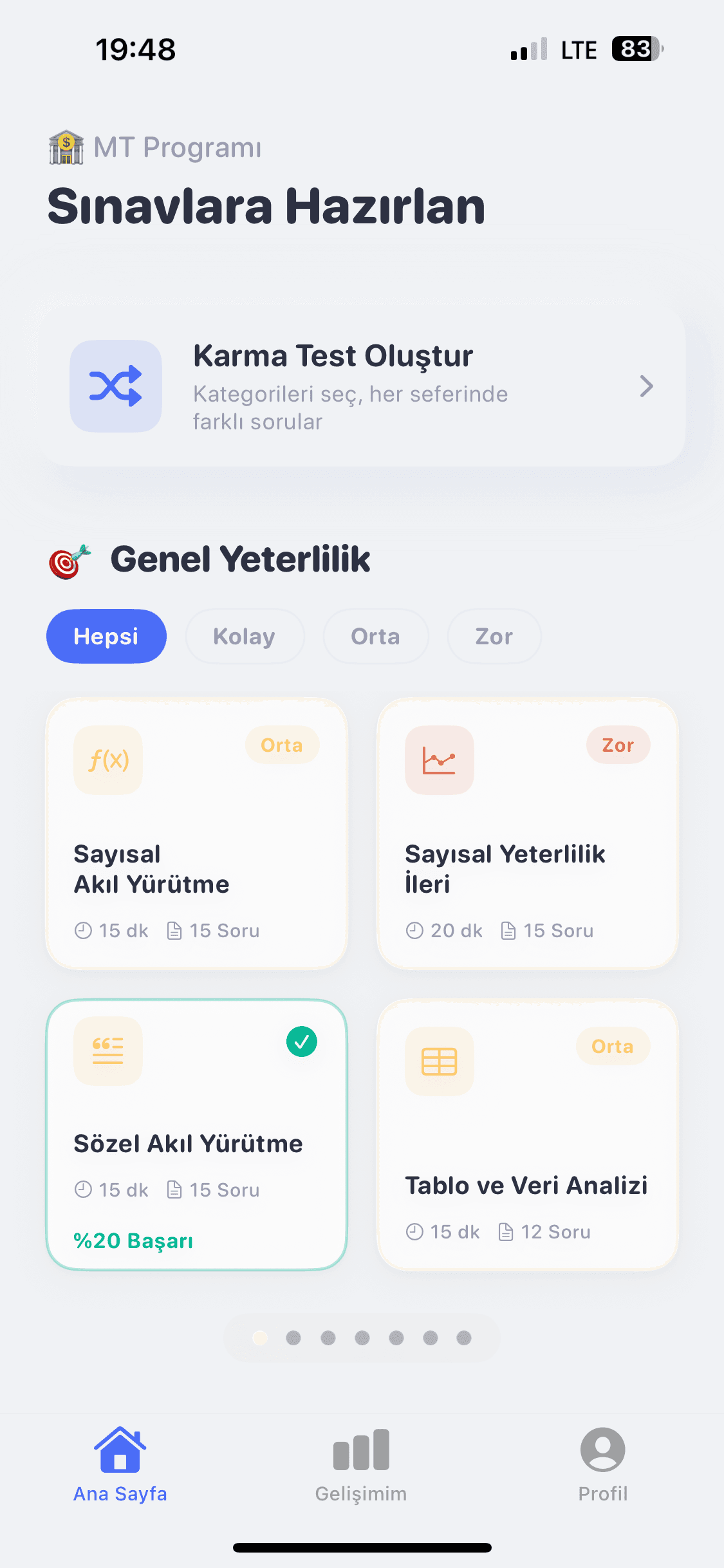 İşe Hazır uygulaması ana sayfa: sınav kategorileri ve testler