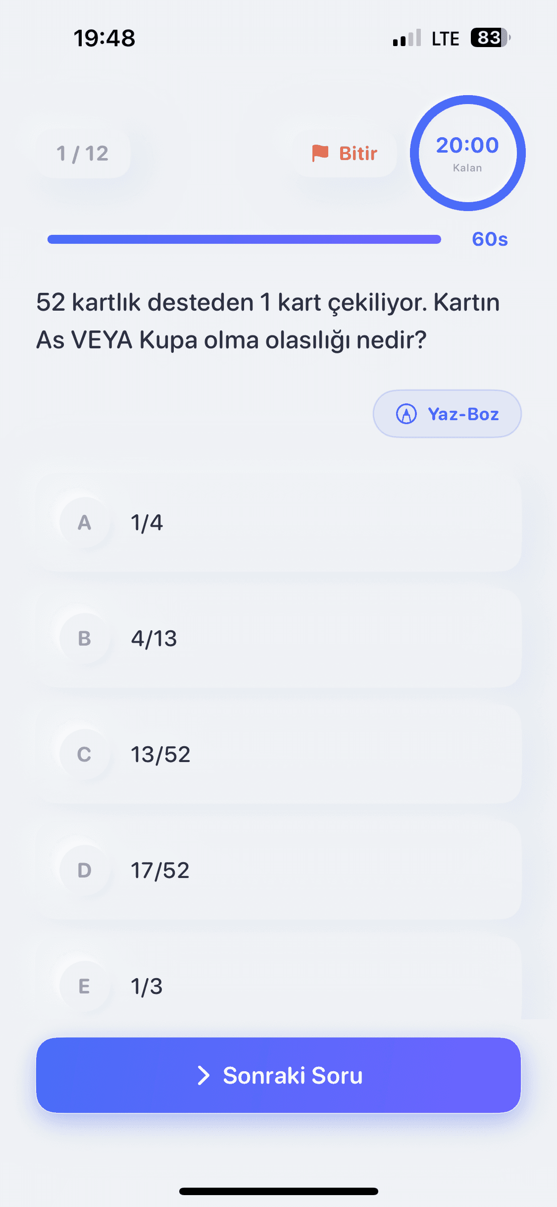 İşe Hazır uygulaması soru ekranı: süreli sınav simülasyonu